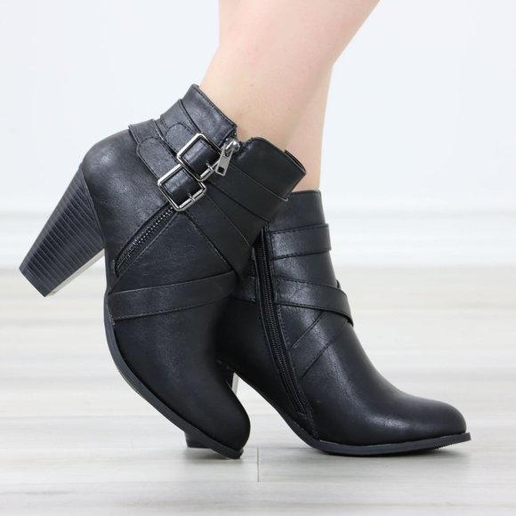 Black Ankle Boots High Heeled Booties Pointed Toe Chunky Cone Heel - Picture 3 of 12